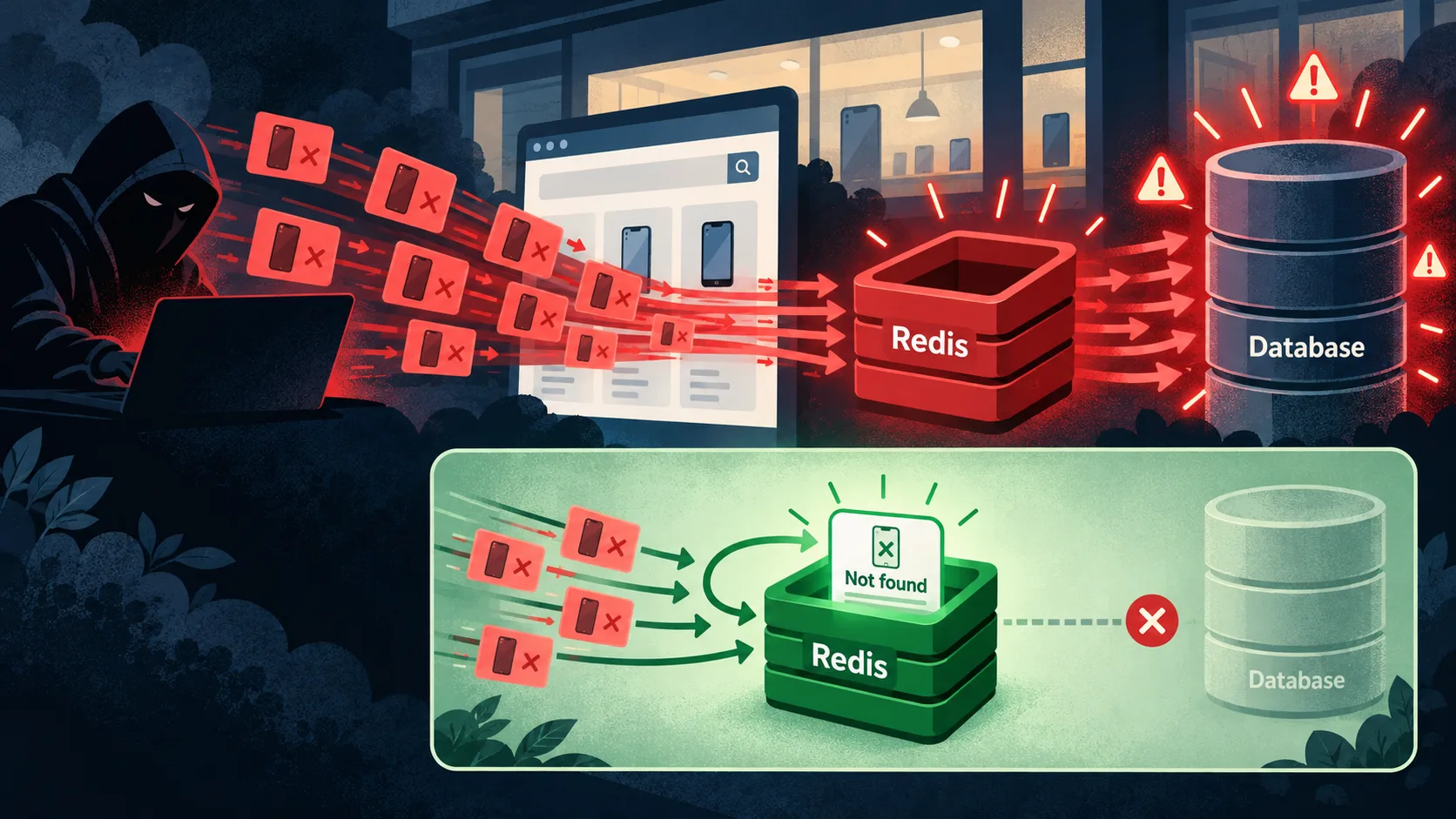 An attacker floods an online shop with nonexistent-product requests that miss Redis and reach the database. Below, Redis remembers a not-found result and stops repeated database lookups.